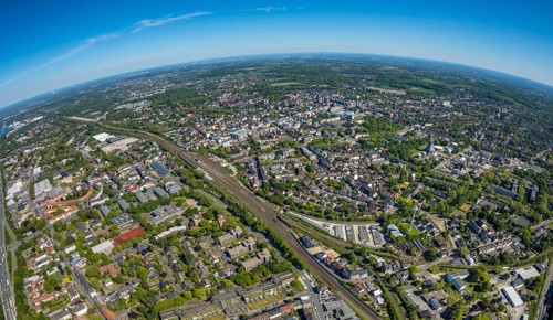 Aerial view, townscape with fisheye lens, goods station, overview, centre-west, Herne, Ruhr area,