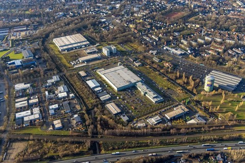 Aerial view, gasometer Herne, industrial area Lindenallee, Koniner Straße, Holsterhausen, Herne,