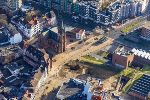 Aerial view, new construction site Europagarten, Europaplatz, Kreuzkirche, Herne-Mitte, Herne, Ruhr