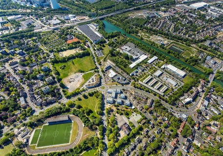 Aerial view, industrial area Westring, real-Arena football stadium Westfalia Herne 04, Seniorcampus