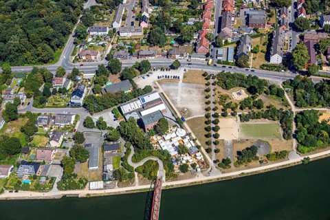 Aerial photo, Steinmeister's beer garden - Oskar am Kanal, Herne, Ruhr area, North