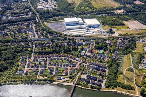 Aerial view, Nordfrost logistics centre, Former colliery Unser Fritz, shaft 1 Malakowturm, Herne,