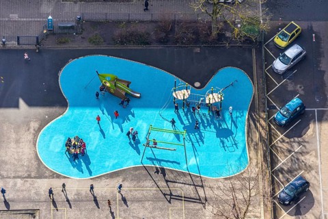 Aerial view, remodelled primary school Kunterbunt with newly designed schoolyard, former