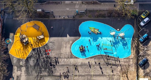 Aerial view, remodelled primary school Kunterbunt with newly designed schoolyard, former