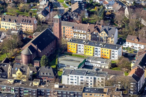 Aerial view, Catholic parish church of St Elisabeth belonging to St Dionysius, Herne, Ruhr area,