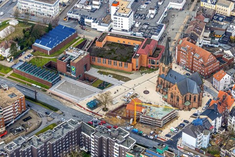 Aerial view, construction site of the new parish hall of the Kreuz-Kirchengemeinde next to the