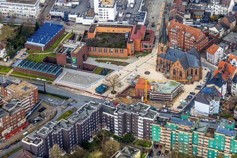 Aerial view, construction site of the new parish hall of the Kreuz-Kirchengemeinde next to the
