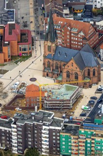 Aerial view, construction site of the new parish hall of the Kreuz-Kirchengemeinde next to the