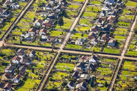 Aerial view, allotment gardens of the allotment garden association Herne Süd, Herne, Ruhr area,