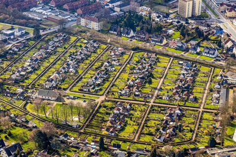Aerial view, allotment gardens of the allotment garden association Herne Süd, Herne, Ruhr area,