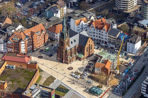 Aerial view, construction site of the new parish hall of the Kreuz-Kirchengemeinde next to the