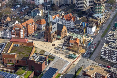 Aerial view, construction site of the new parish hall of the Kreuz-Kirchengemeinde next to the