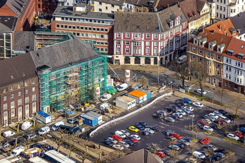 Aerial view, reconstruction / renovation of the Alte Sparkasse building, Herne, Ruhr area, North
