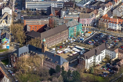 Aerial view, reconstruction / renovation of the Alte Sparkasse building, Herne, Ruhr area, North