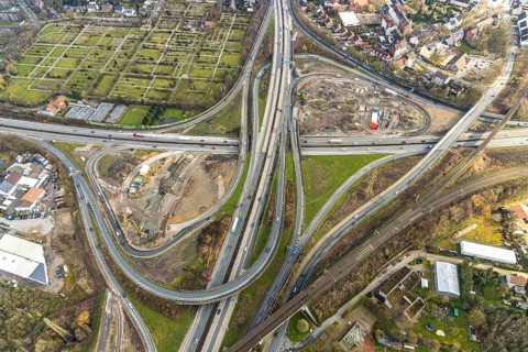 Aerial photo, motorway junction 21 Herne, intersection of the A42 and A43 motorways, new
