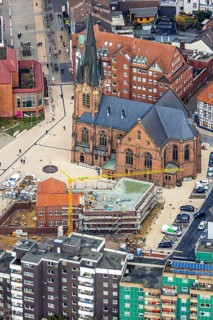 Aerial view, construction site of the new parish hall of the Kreuz-Kirchengemeinde next to the