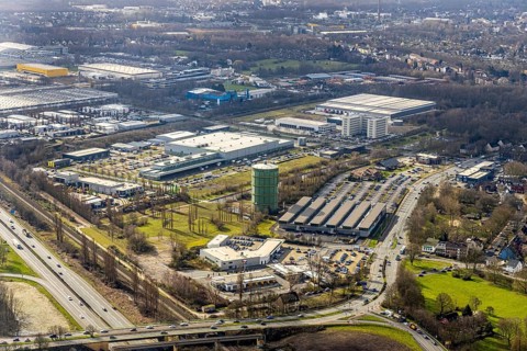 Aerial view, industrial area around the gasometer Herne and others... with Decathlon, Cafe del Sol,