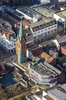 Aerial view, architectural monument tower of the old Bonifatius church integrated into a row of