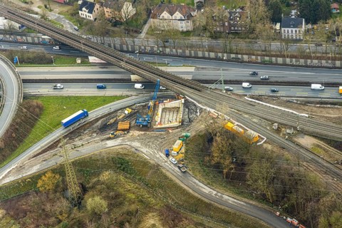 Aerial view, motorway junction 21 Herne, intersection of the A42 and A43 motorways, new
