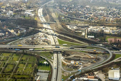 Aerial view, motorway junction 21 Herne, intersection of the A42 and A43 motorways, new