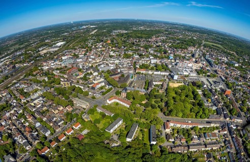 Aerial view, townscape with fisheye lens, overview, Neustraße, Westring, Herne, Ruhr area, North