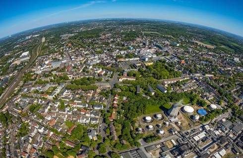 Aerial view, townscape with fisheye lens, overview, Neustraße, Westring, Herne, Ruhr area, North