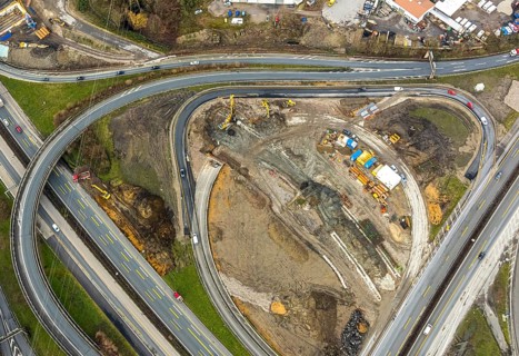 Aerial view, motorway junction 21 Herne, intersection of the A42 and A43 motorways, new