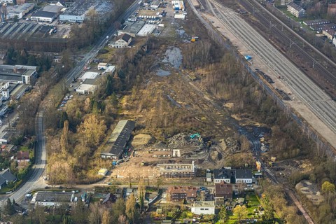 Aerial view, Future construction area Hunbergstraße / Castroper Straße with construction site of