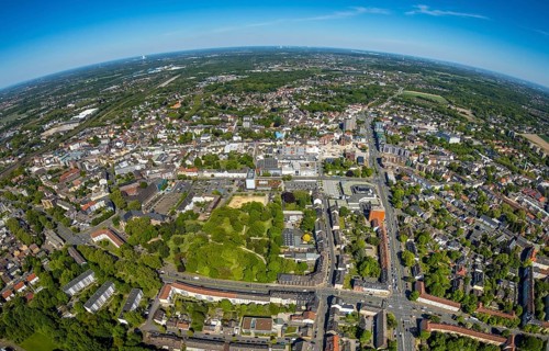 Aerial view, townscape with fisheye lens, park at Bergelmanns Hof, cultural centre Herne, town