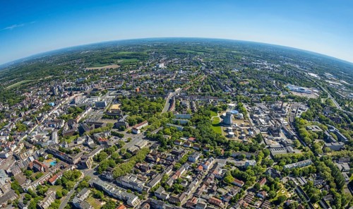 Aerial view, townscape with fisheye lens, overview, Ineos Herne, chemical plant, town hall,