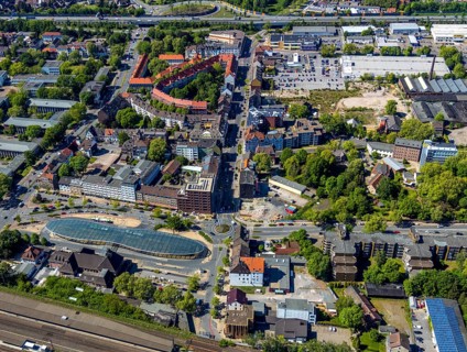 Aerial view, futuristic bus station at Herne railway station, Herne, Ruhr area, North