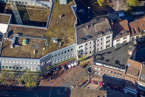 Aerial view, shopping centre, planned demolition residential building Ritterstraße 40, Mitte, Hamm,