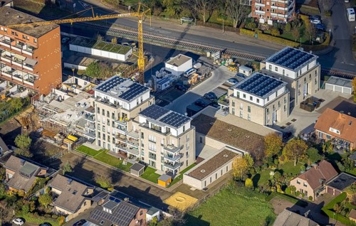 Aerial view, construction site, new building, Augenweide residential complex, condominiums and