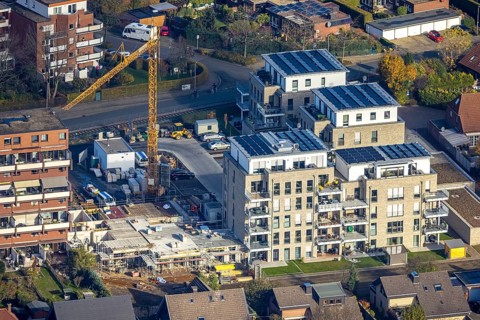Aerial view, construction site, new building, Augenweide residential complex, condominiums and
