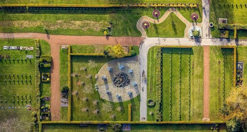 Aerial view, southern cemetery, columbarium, urn stone pillars, centre, Hamm, Ruhr area, North