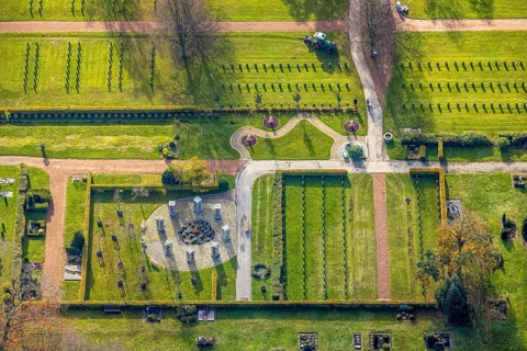 Aerial view, southern cemetery, columbarium, urn stone pillars, centre, Hamm, Ruhr area, North