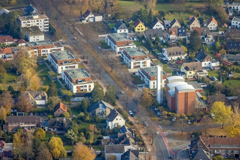 Aerial view, St. Georgs-Kirche, construction site new building residential complex Lippestraße,
