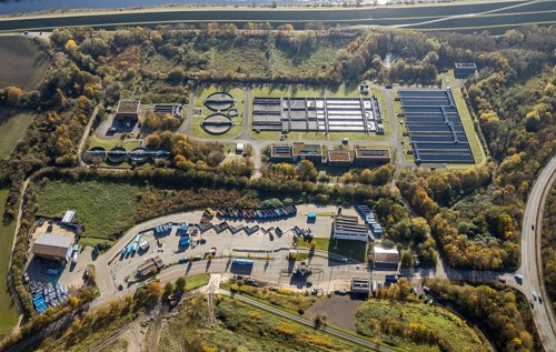 Aerial view, wastewater treatment plant Hamm-West, recycling centre Hamm, river Lippe, Datteln-Hamm