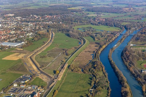 Aerial view, dam course, new Lippe dam, Lippe reconstruction Hamm, Lippe floodplain recreational