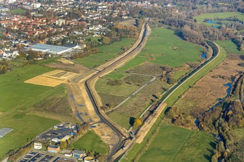 Aerial view, dam course, new Lippe dam, Lippe reconstruction Hamm, Lippe floodplain recreational