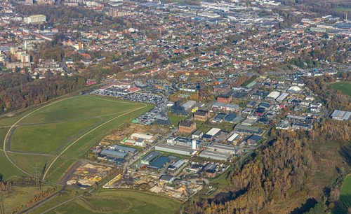 Aerial view, industrial area Radbod, former Radbod colliery, colliery towers, winding towers, car