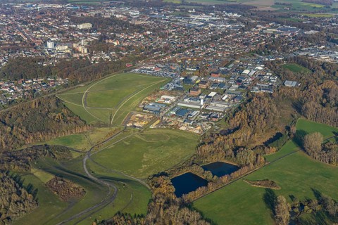 Aerial view, industrial area Radbod, former Radbod colliery, colliery towers, winding towers, car
