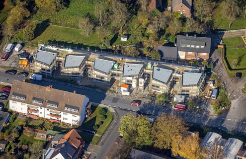 Aerial view, construction site new building kindergarten Großer Sandweg, Bockum-Hövel, Hamm, Ruhr