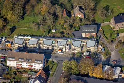 Aerial view, construction site of new kindergarten Großer Sandweg, Bockum-Hövel, Hamm, Ruhr area,