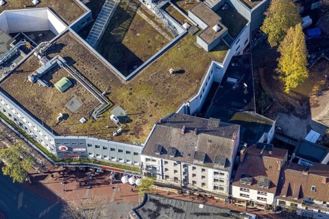Aerial view, shopping centre, planned demolition residential building Ritterstraße 40, Mitte, Hamm,