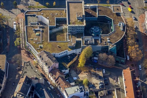 Aerial view, shopping centre, planned demolition residential building Ritterstraße 40, Mitte, Hamm,