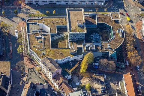 Aerial view, shopping centre, planned demolition residential building Ritterstraße 40, Mitte, Hamm,