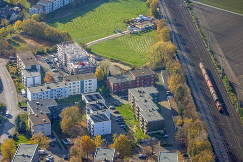 Aerial view, residential buildings construction site Röntgenstraße, Pelkum, Hamm, Ruhr area, North