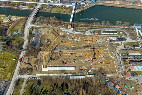 Aerial view, new construction of a gas and steam turbine power plant of STEAG at the coal-fired