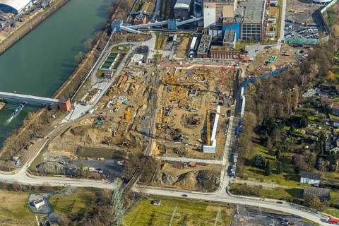 Aerial view, new construction of a gas and steam turbine power plant of STEAG at the coal-fired